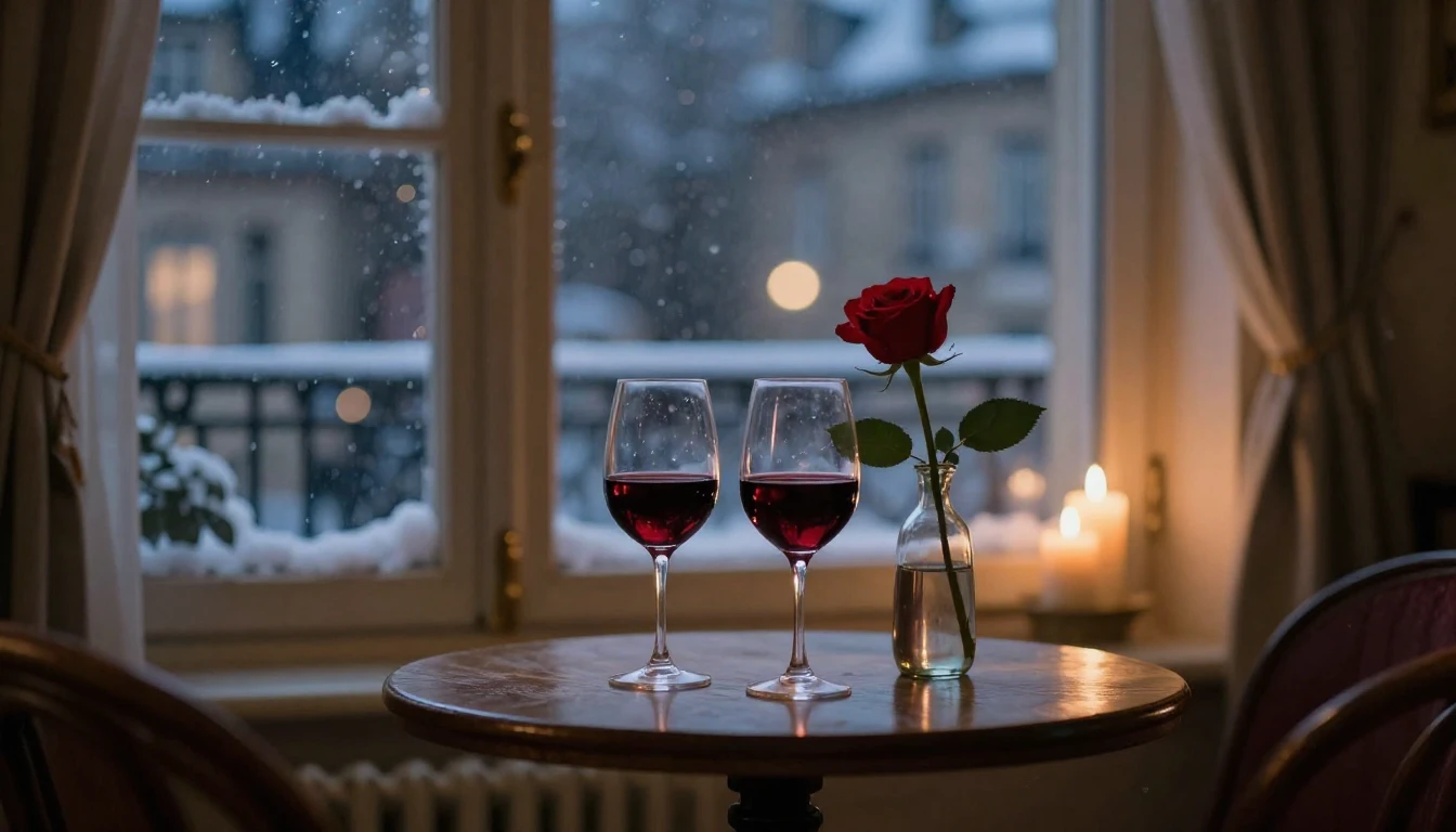 A romantic and intimate scene inside a cozy Parisian apartme...