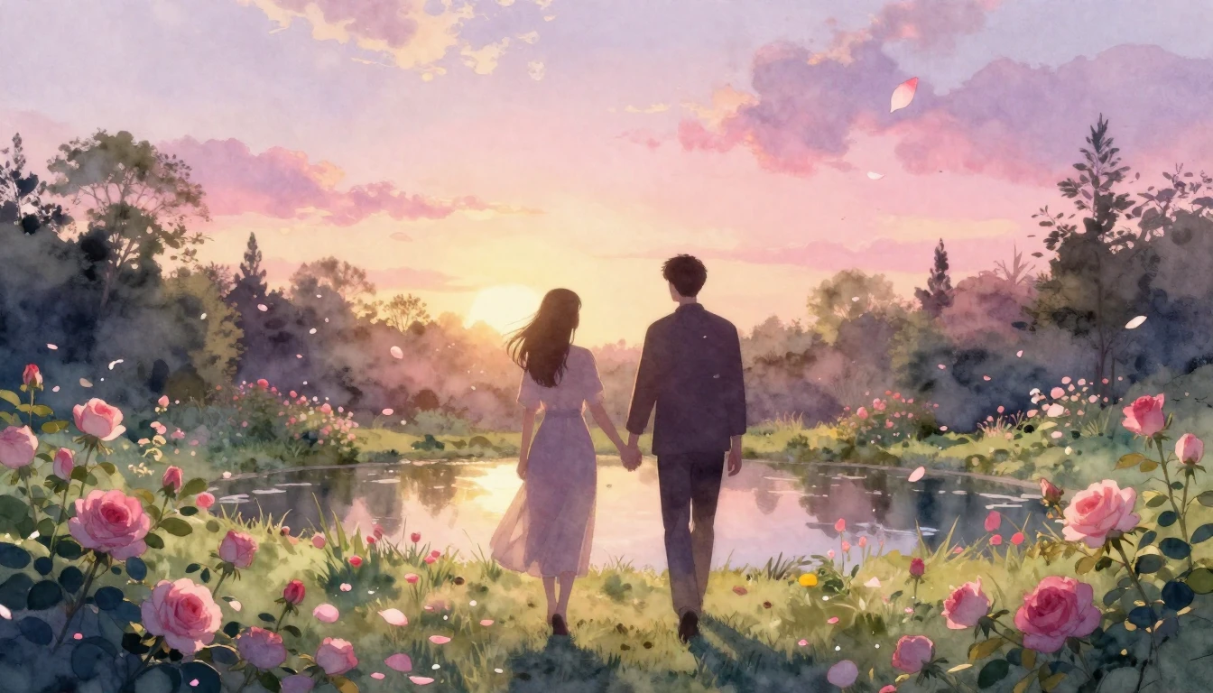 A dreamlike watercolor painting of two silhouettes walking h...