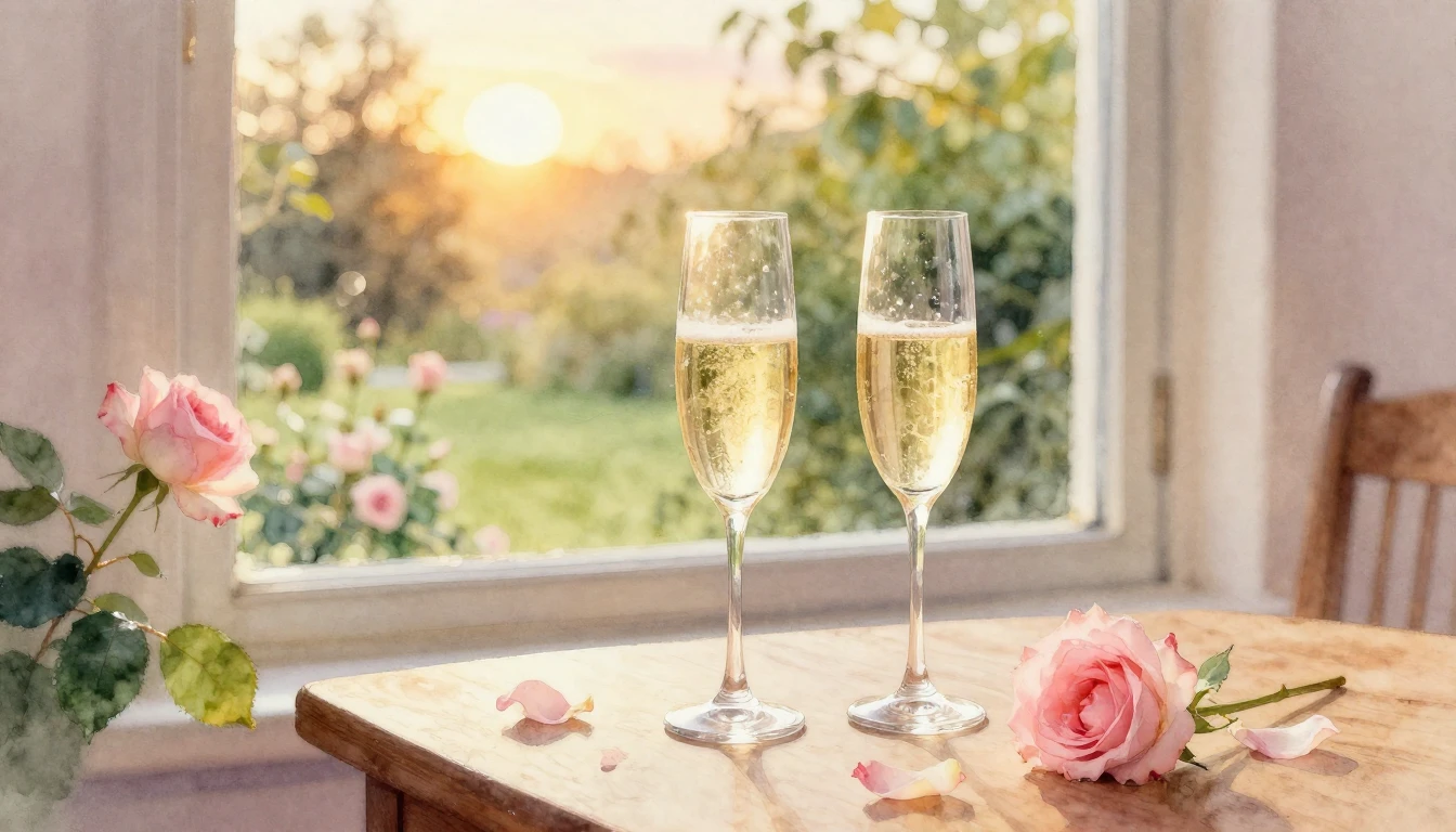 A soft watercolor painting of two elegant glasses of champag...