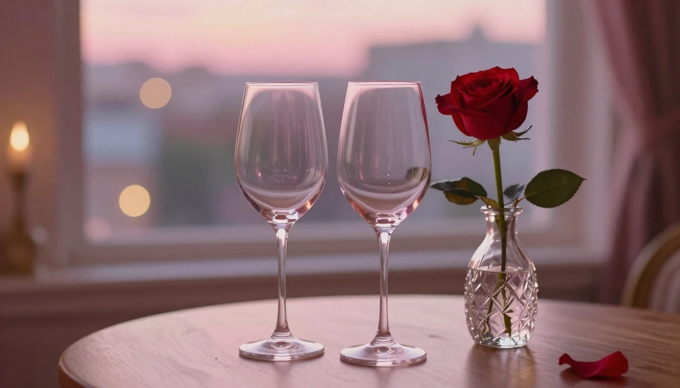 A delicate scene featuring two elegant wine glasses sitting ...
