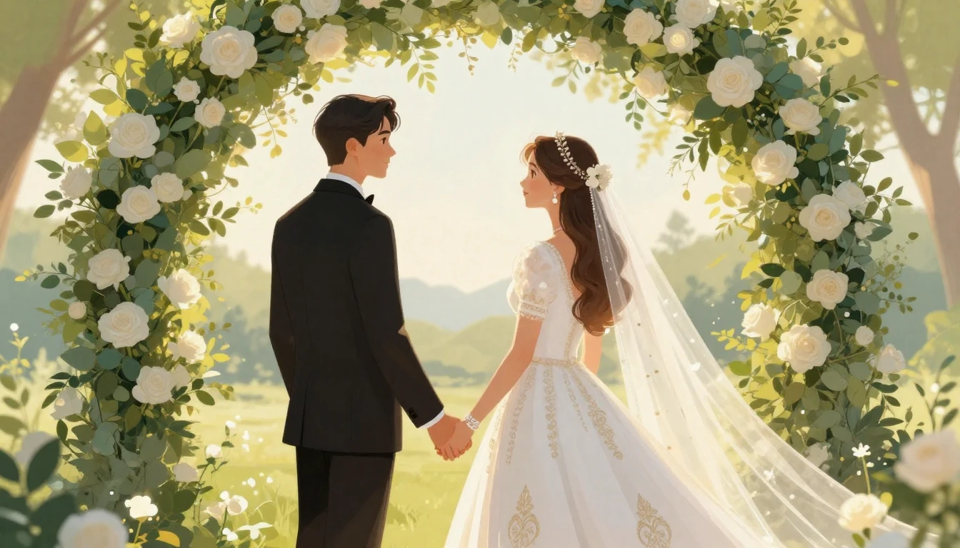A romantic and dreamy illustration of a bride and groom hold...