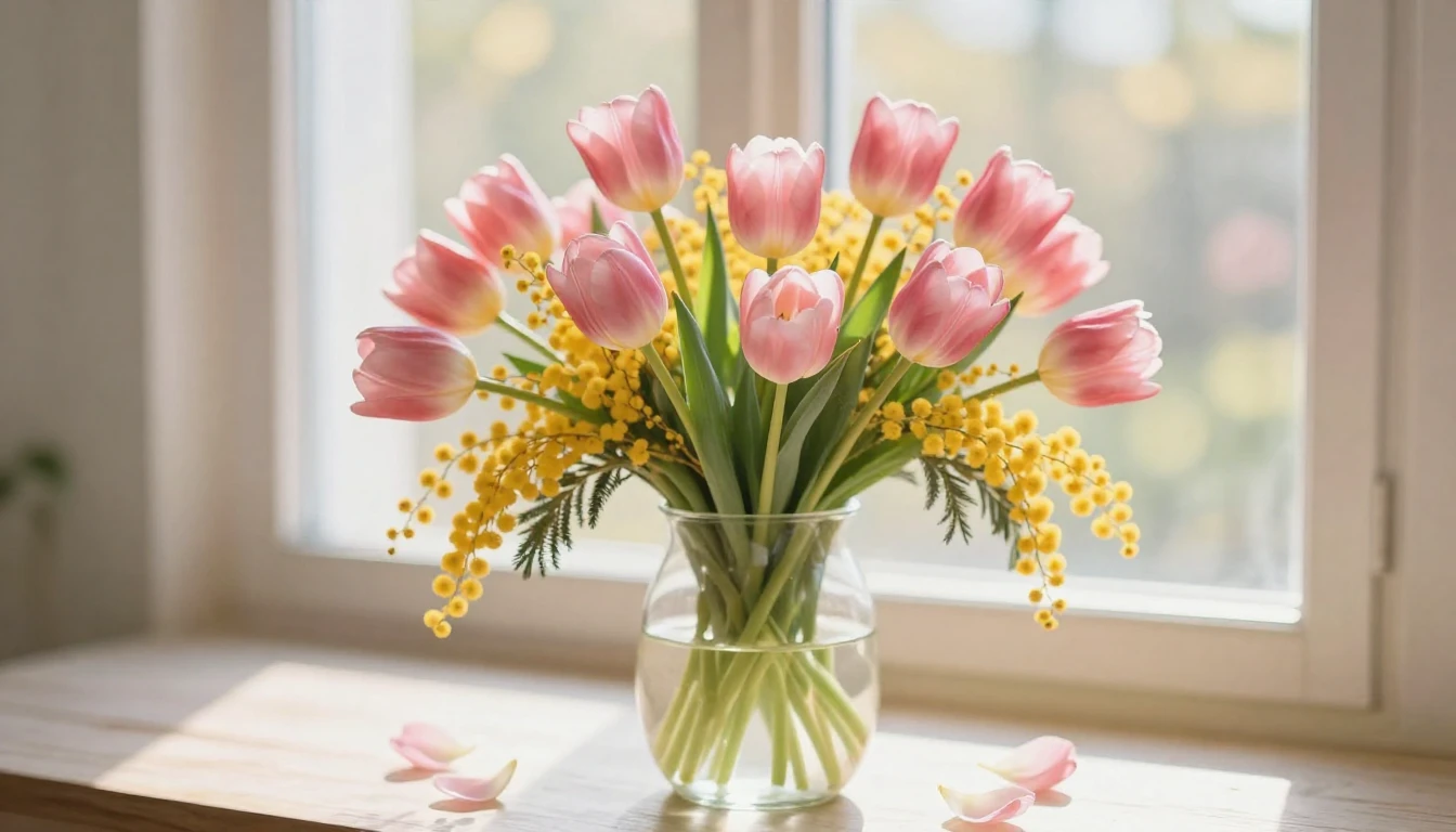 A delicate and vibrant bouquet of pink tulips and yellow mim...