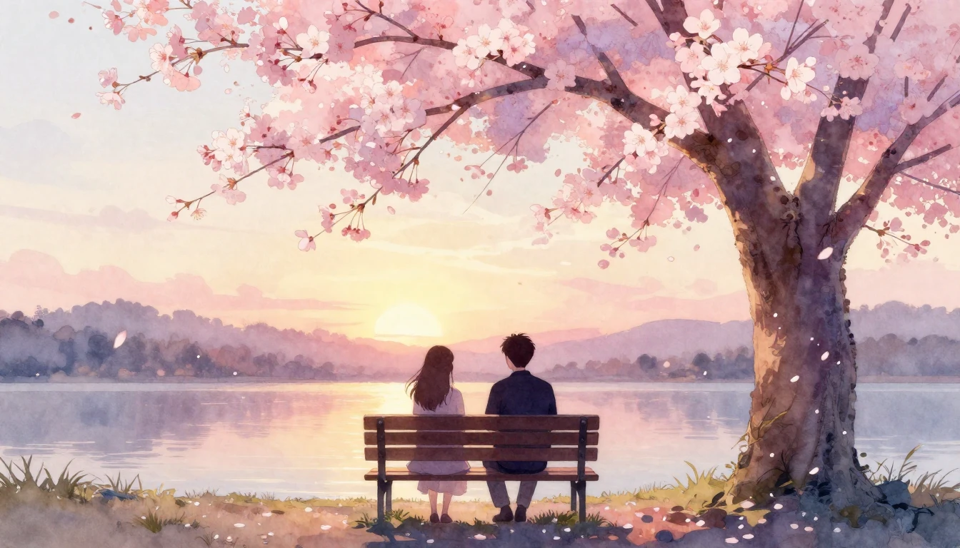 A beautiful watercolor painting of two silhouettes sitting o...