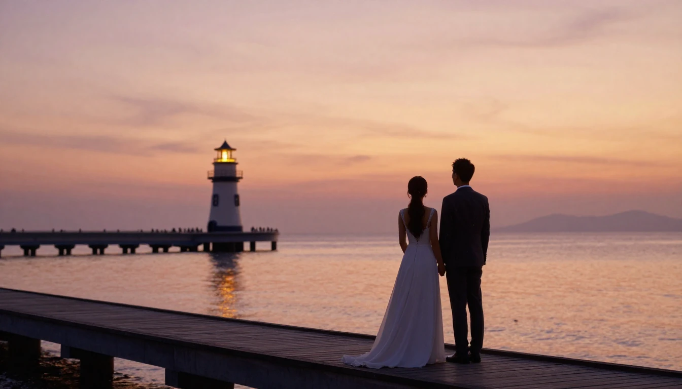 A romantic and atmospheric image of a newlywed couple standi...