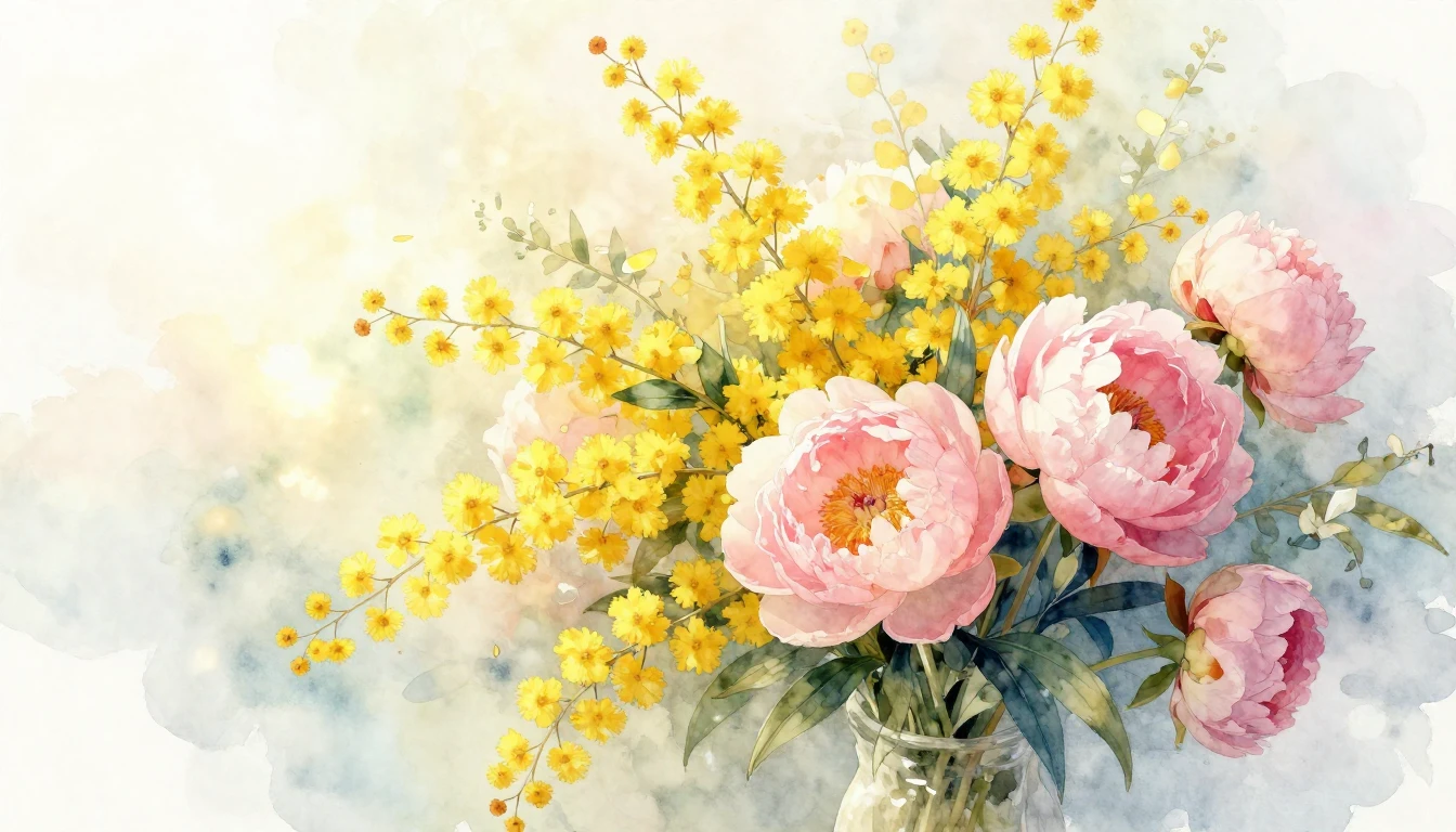 A beautiful and delicate watercolor painting featuring a bou...