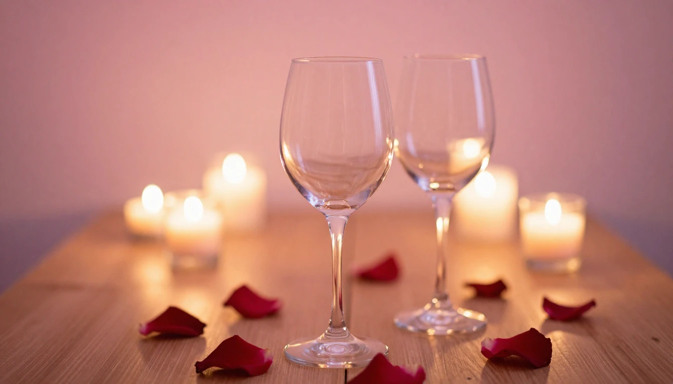 A soft and dreamy scene featuring two elegant wine glasses o...