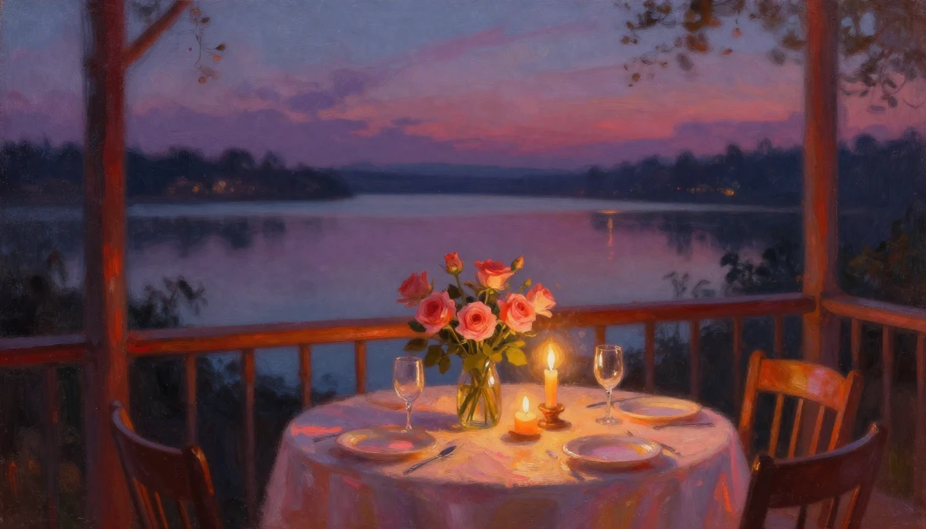 An impressionist oil painting of a cozy, candlelit dinner se...
