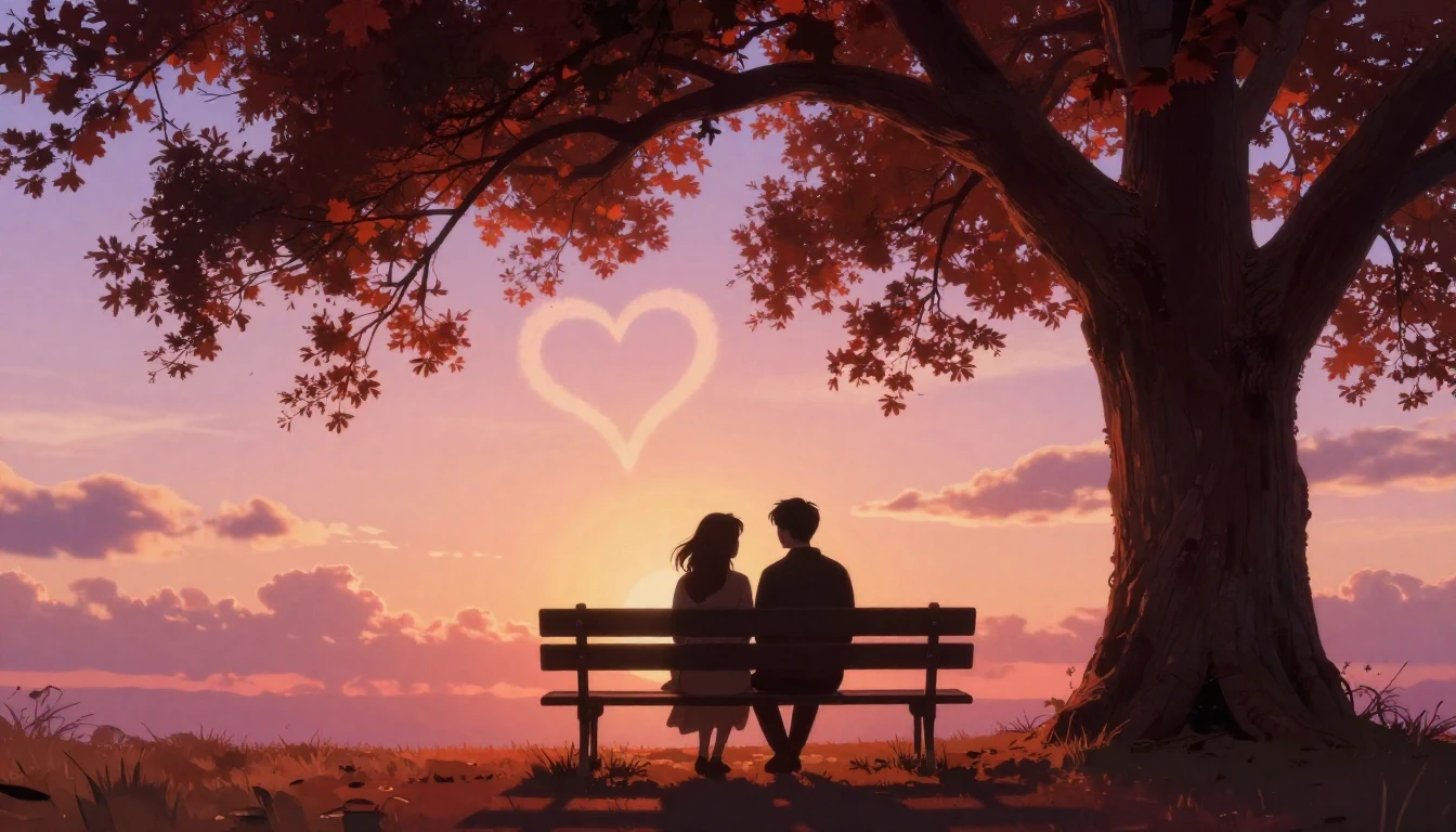 A romantic and dreamy scene featuring two silhouettes sittin...