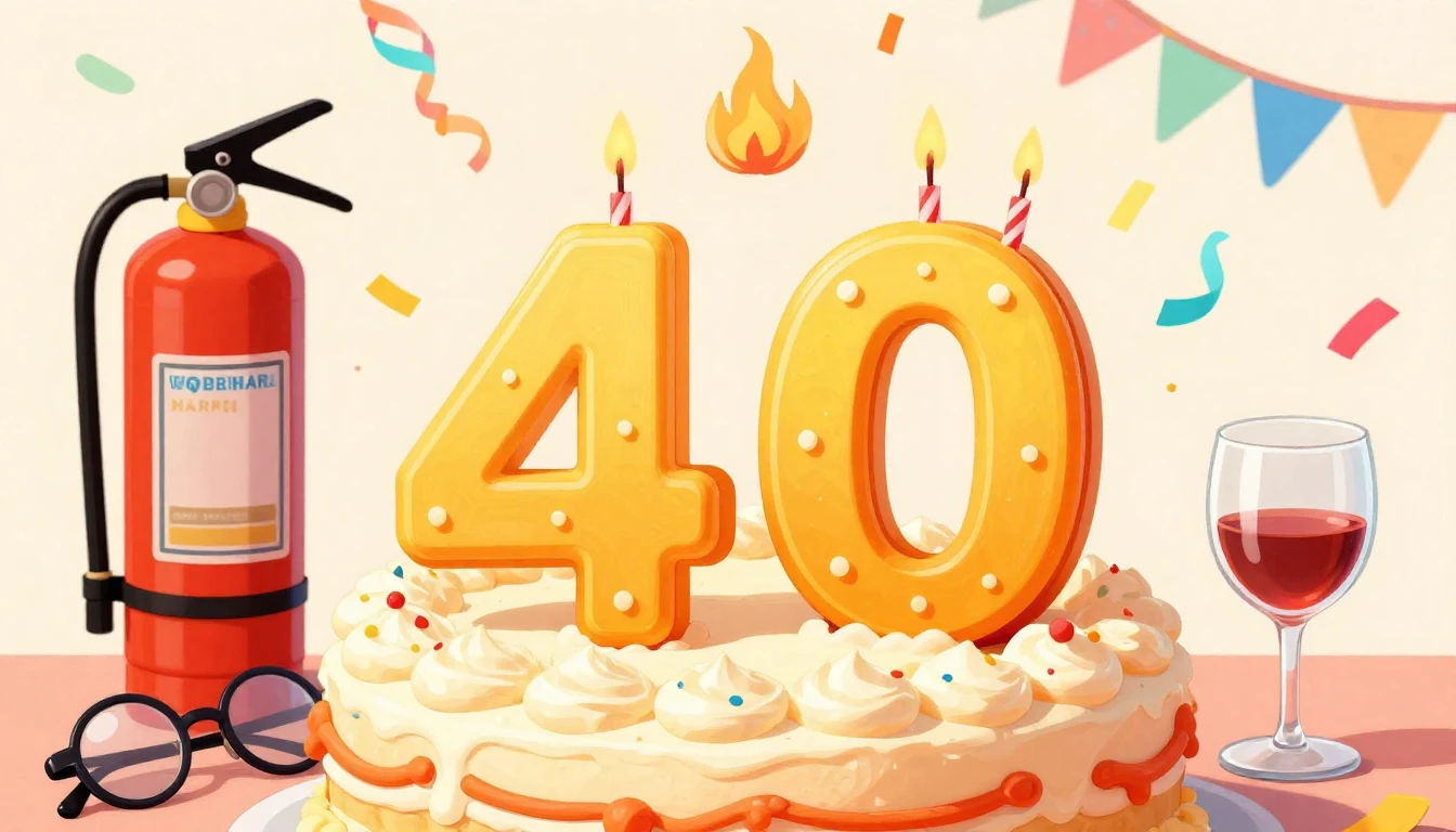 A vibrant and humorous album cover featuring a birthday cake...