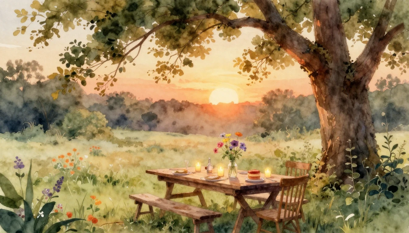 A beautiful watercolor painting of a cozy outdoor garden par...