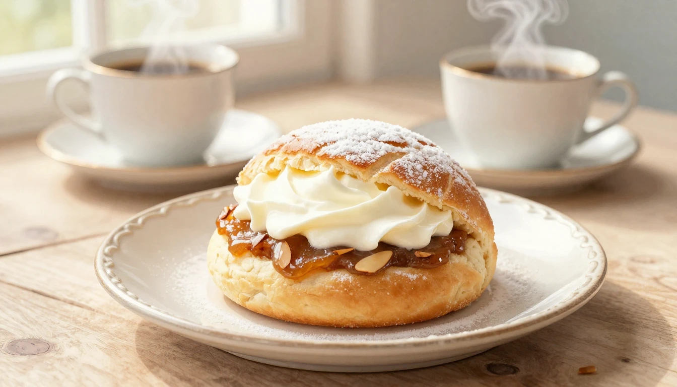 A beautiful close-up of a traditional Swedish semla bun on a...