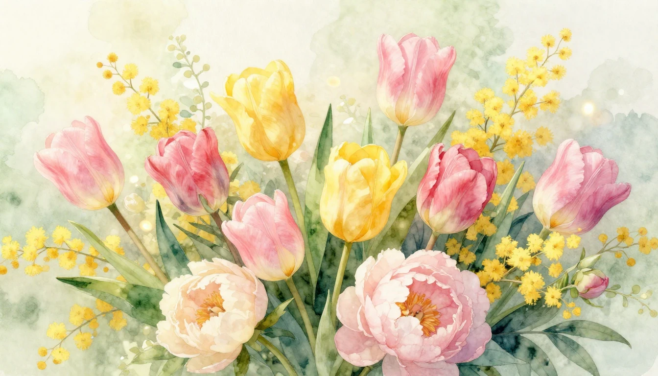 A vibrant and delicate watercolor painting of a lush spring ...