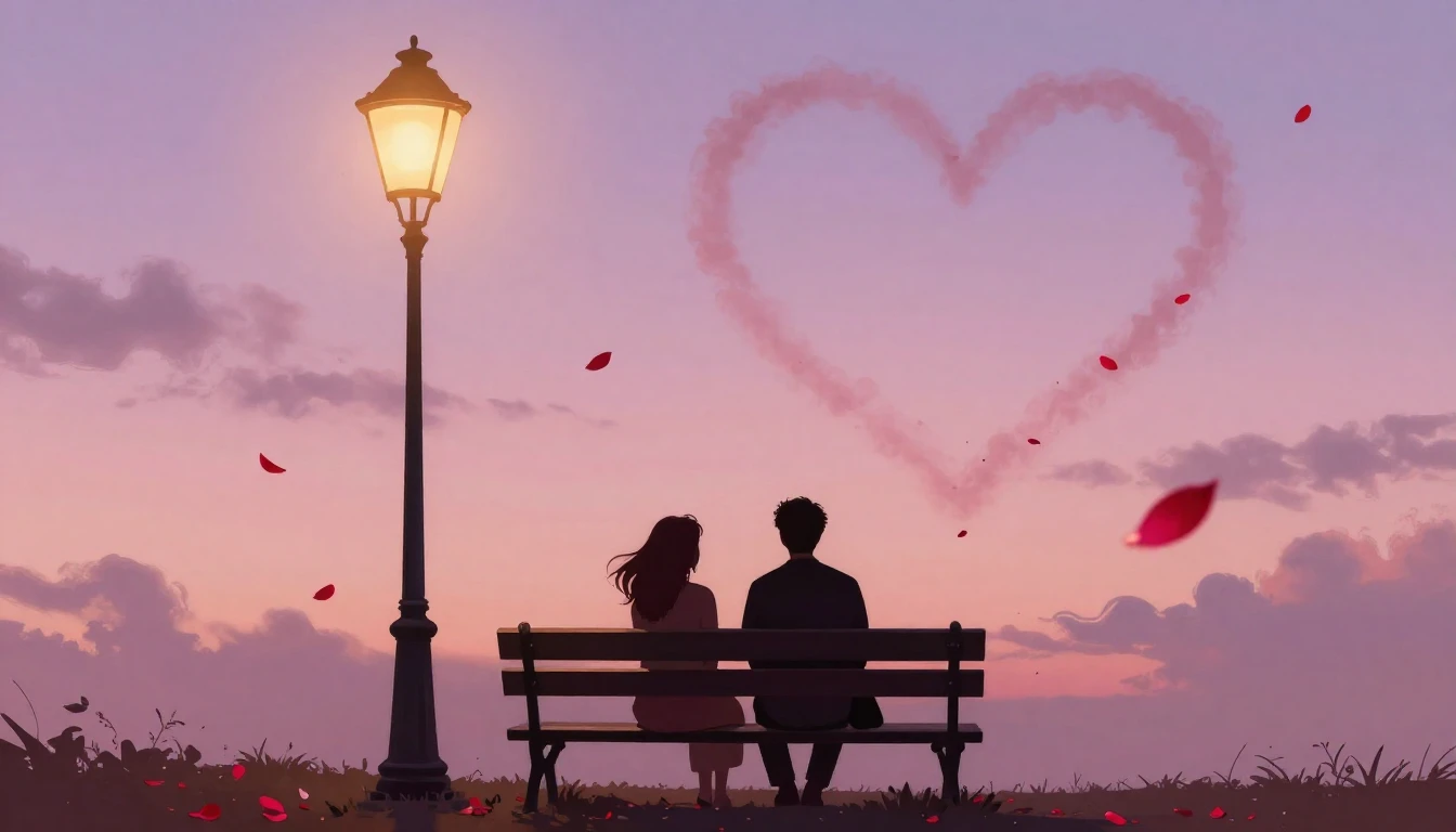 A romantic and dreamy scene featuring two silhouettes sittin...