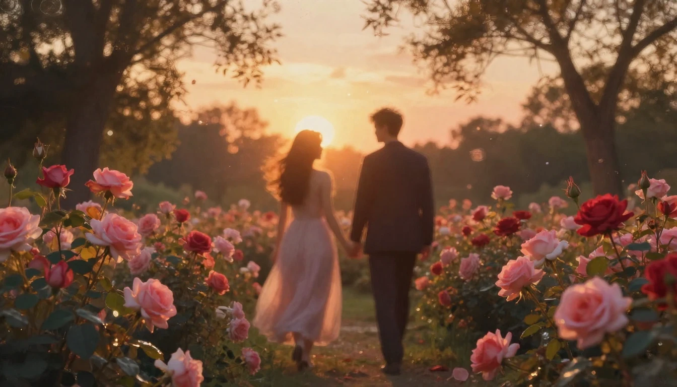 A dreamy and ethereal scene of two silhouettes walking throu...