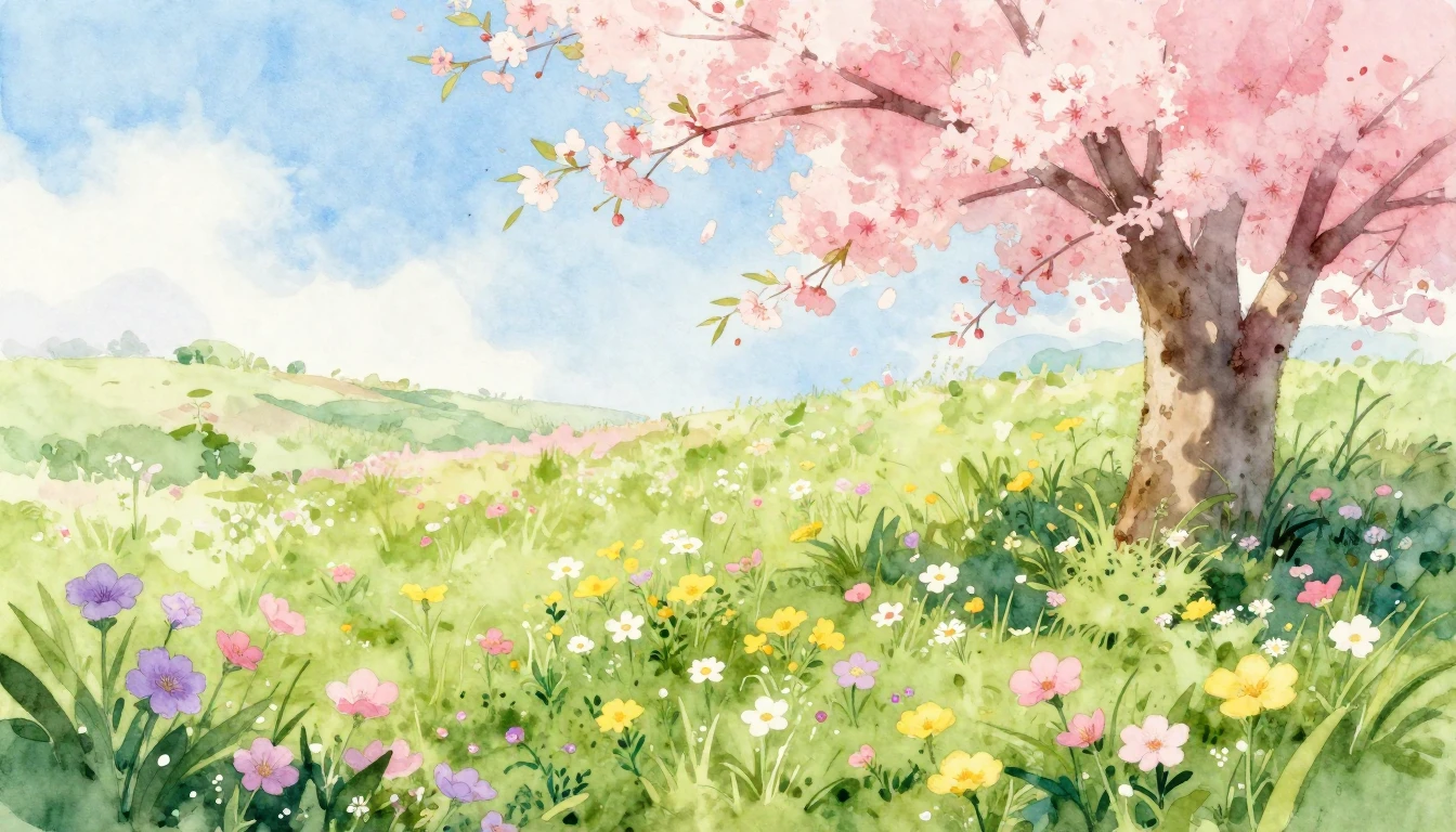 A beautiful watercolor painting of a lush spring meadow fill...
