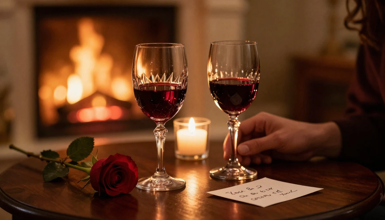 A close-up, intimate scene of a romantic evening setup. Two ...