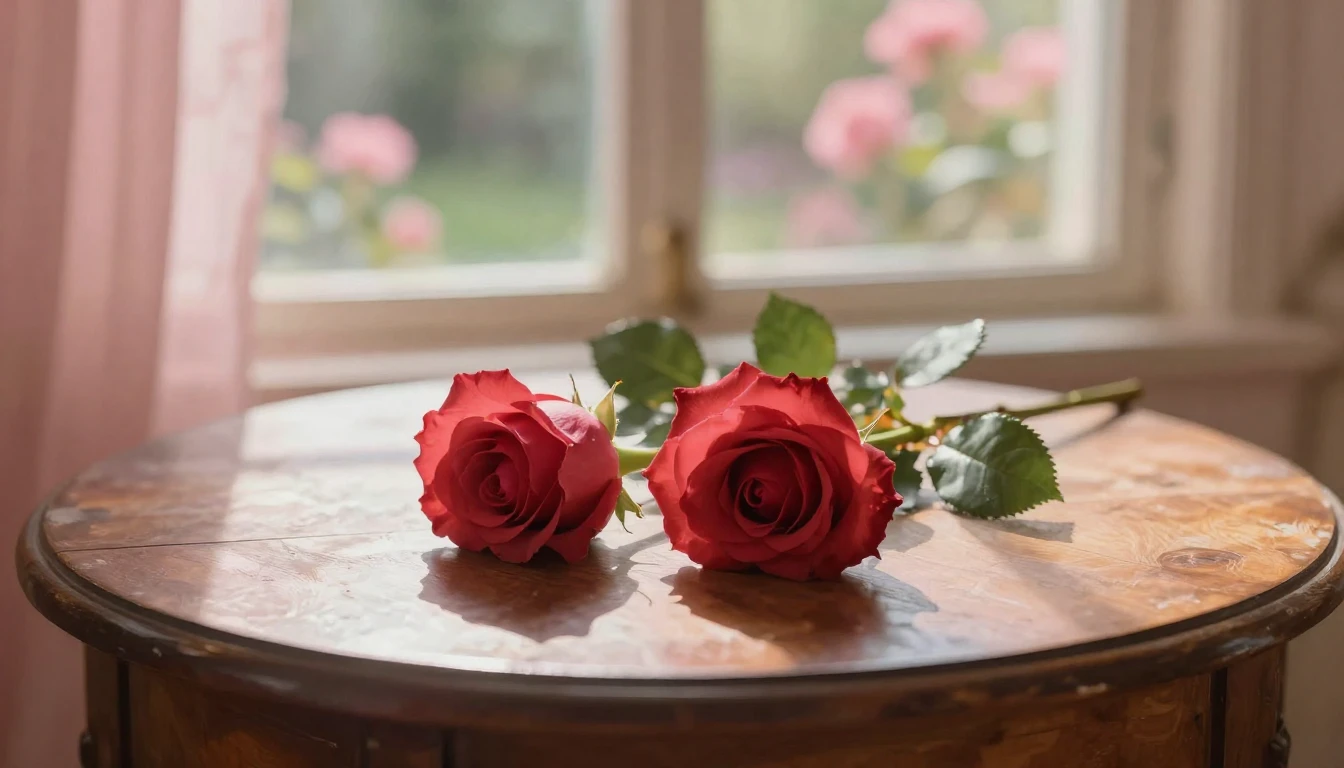 A dreamy and ethereal scene featuring two delicate red roses...