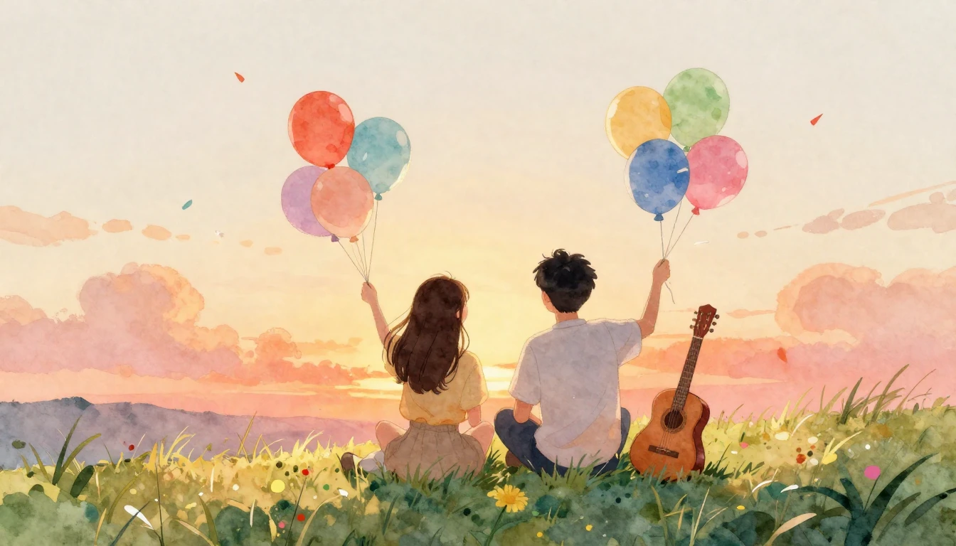 A heartwarming watercolor illustration of two friends sittin...