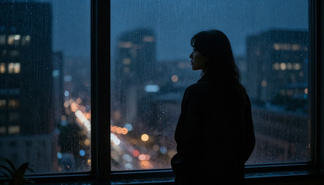 A cinematic shot of a lonely silhouette standing by a large ...