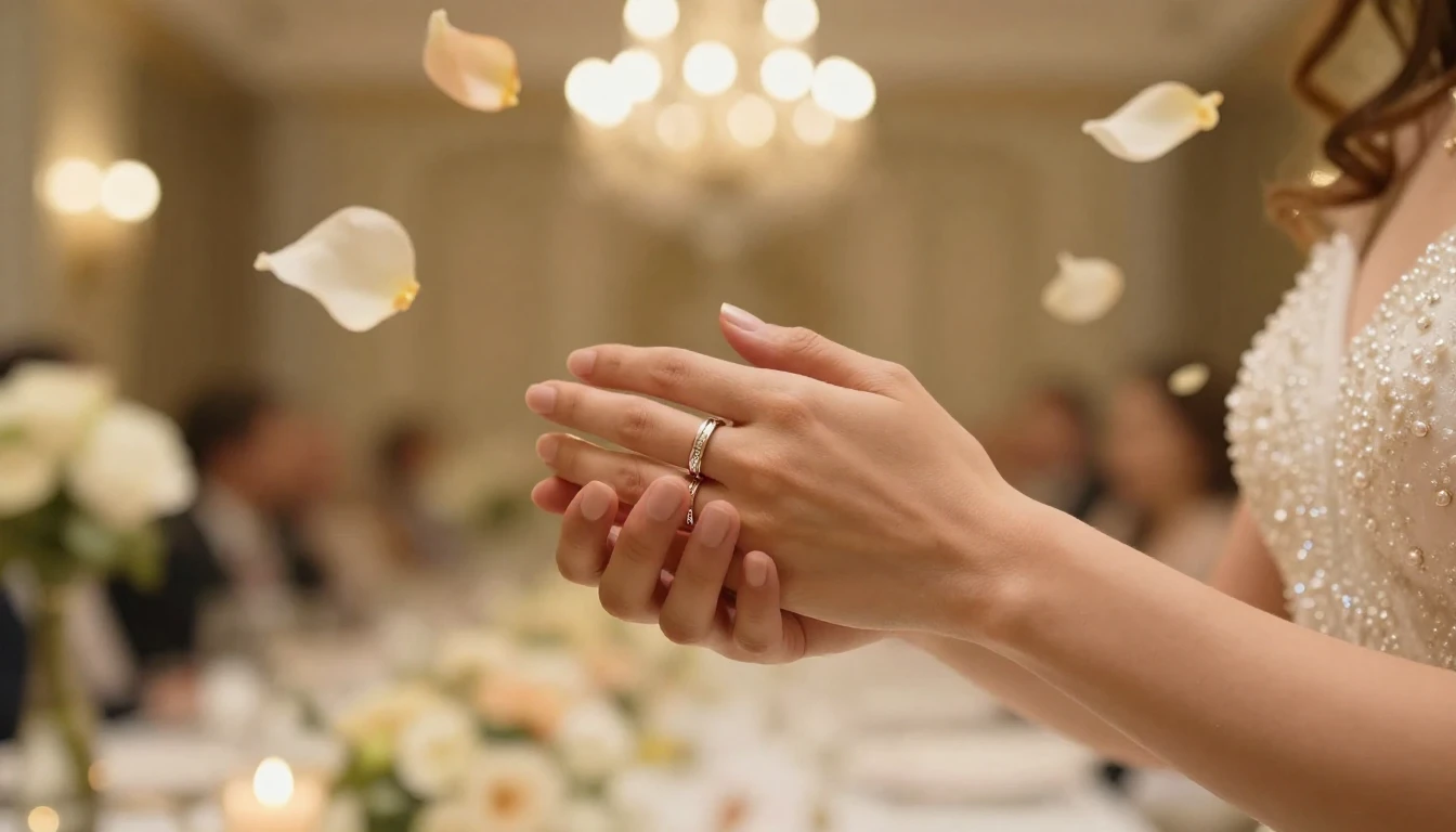 A beautiful, elegant wedding celebration scene, focused on t...
