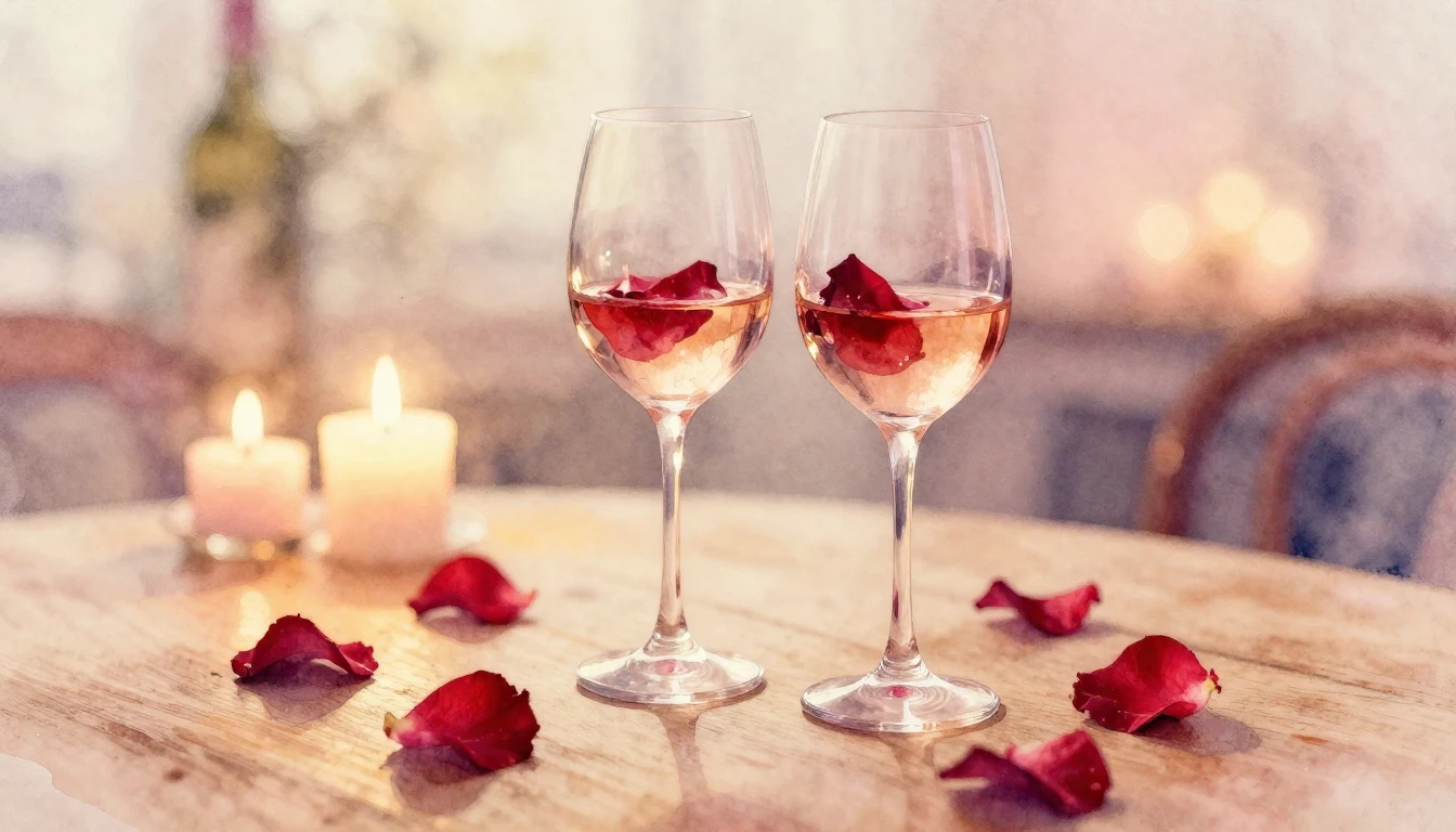 A delicate watercolor painting of two elegant wine glasses s...