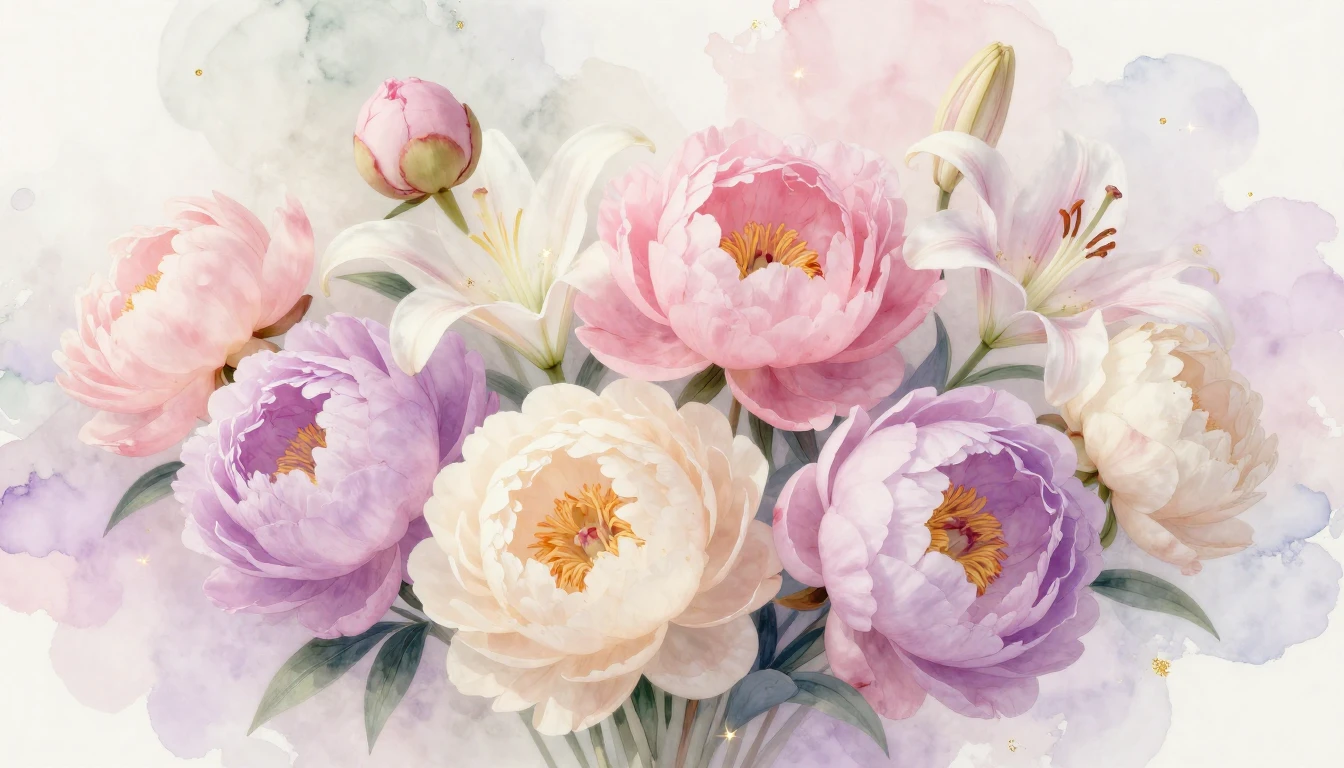 A delicate and artistic composition featuring blooming peoni...