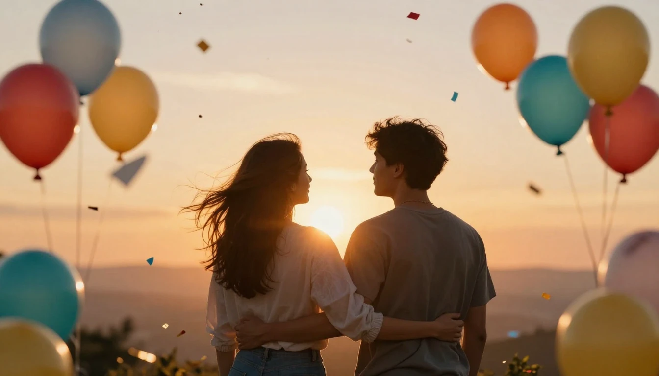 A vibrant and joyful scene celebrating friendship and a birt...