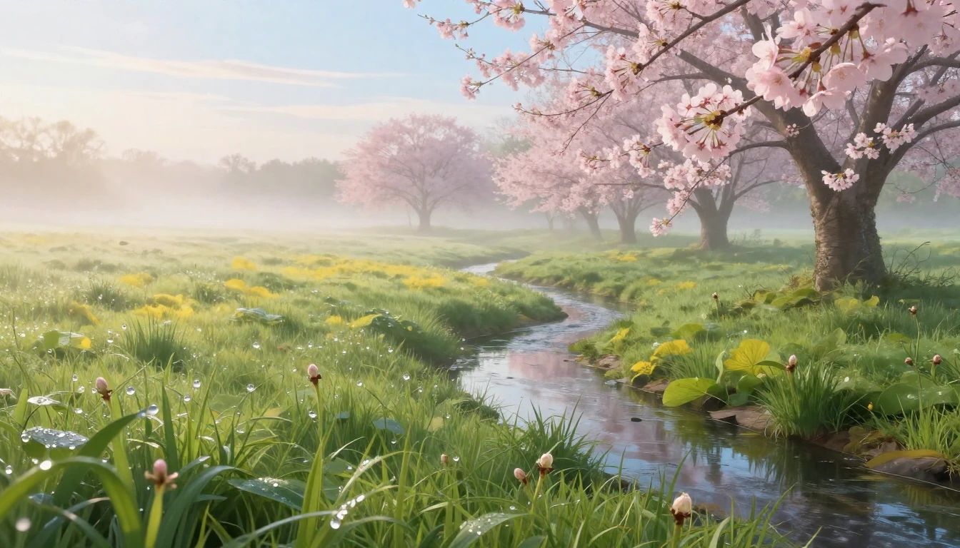 A delicate landscape of a vast meadow at sunrise. Soft paste...