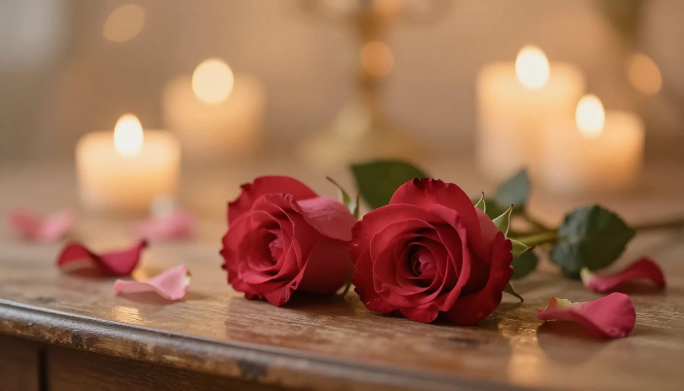 A soft and ethereal scene featuring two delicate red roses r...