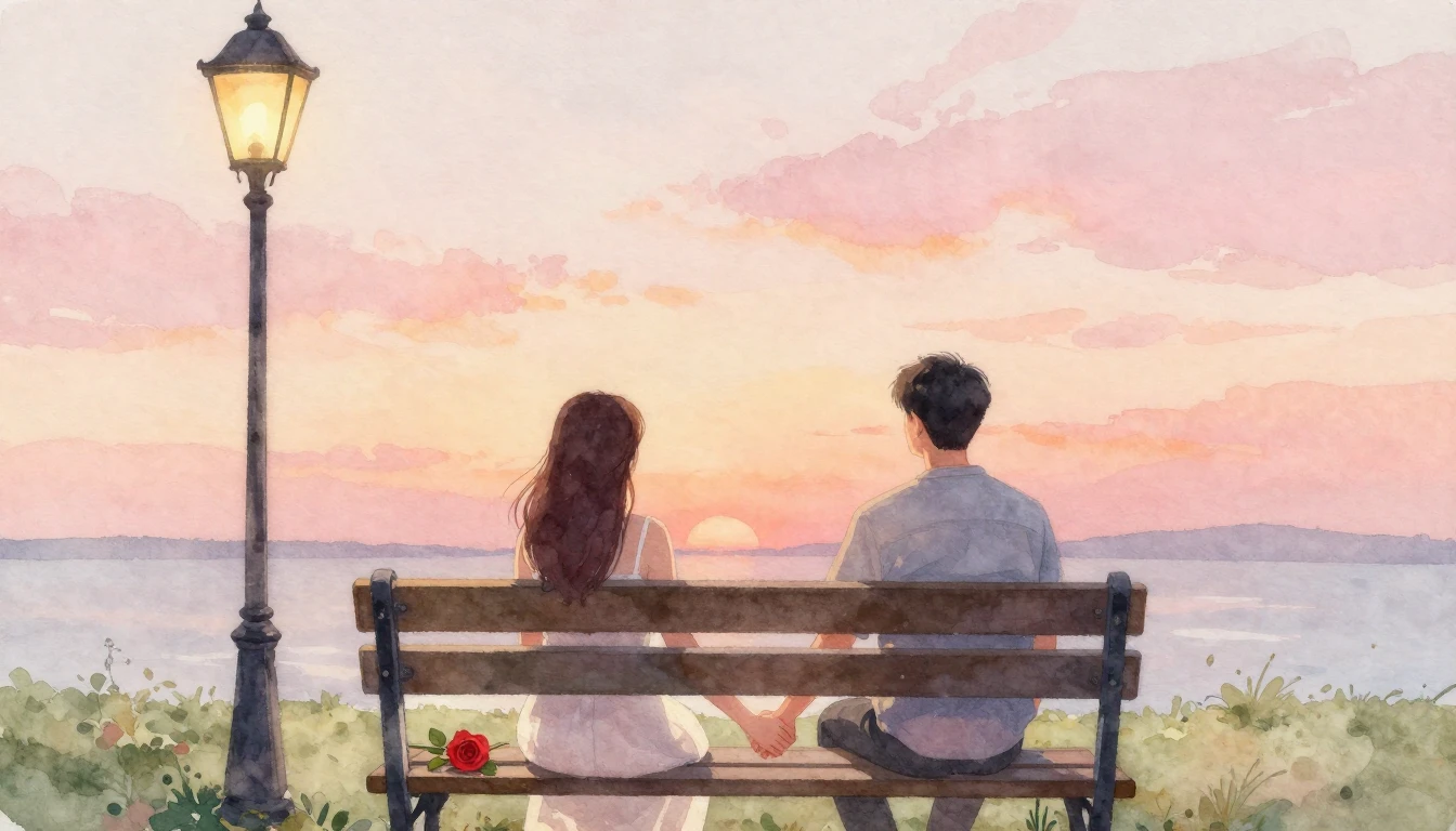 A romantic watercolor painting of a couple holding hands on ...