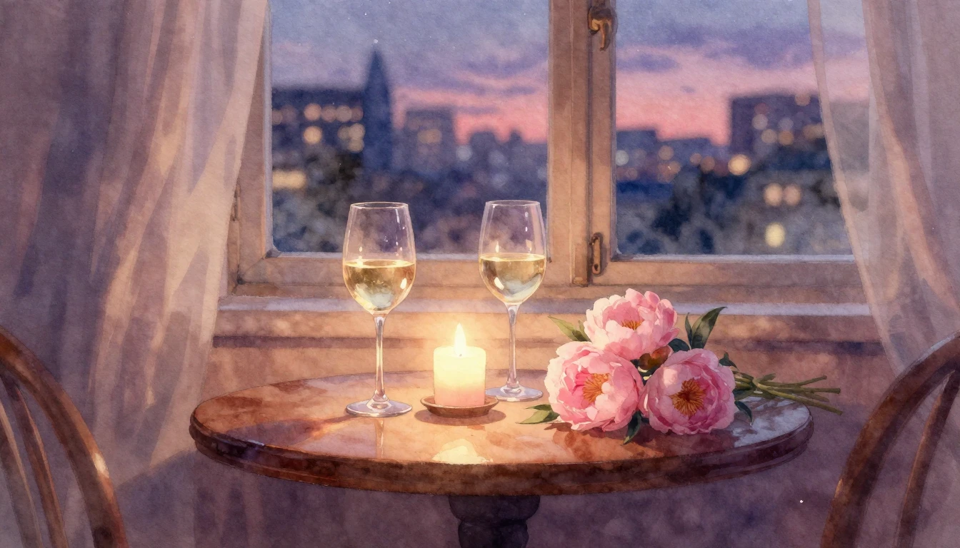 A delicate watercolor painting of a cozy, dimly lit room dur...