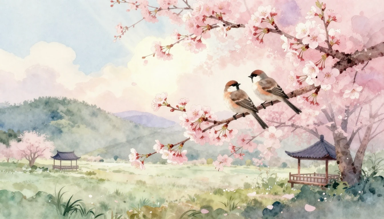 A delicate watercolor painting of a serene landscape in earl...