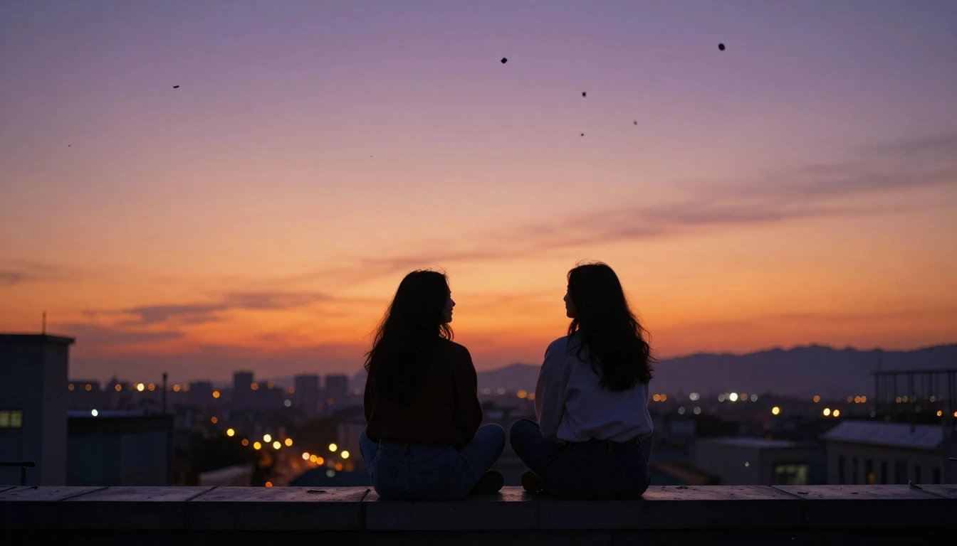 A warm and nostalgic scene featuring two friends sitting on ...