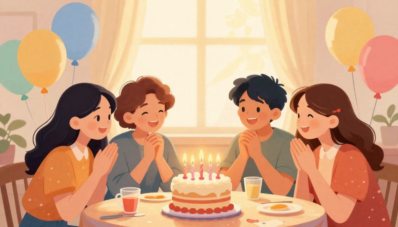 A joyful and warm artistic illustration of friends celebrati...