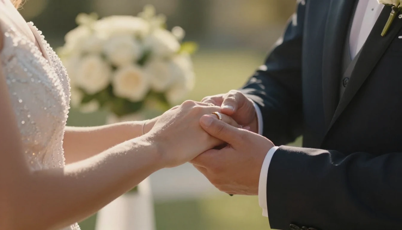 A cinematic close-up shot of a bride and groom holding hands...