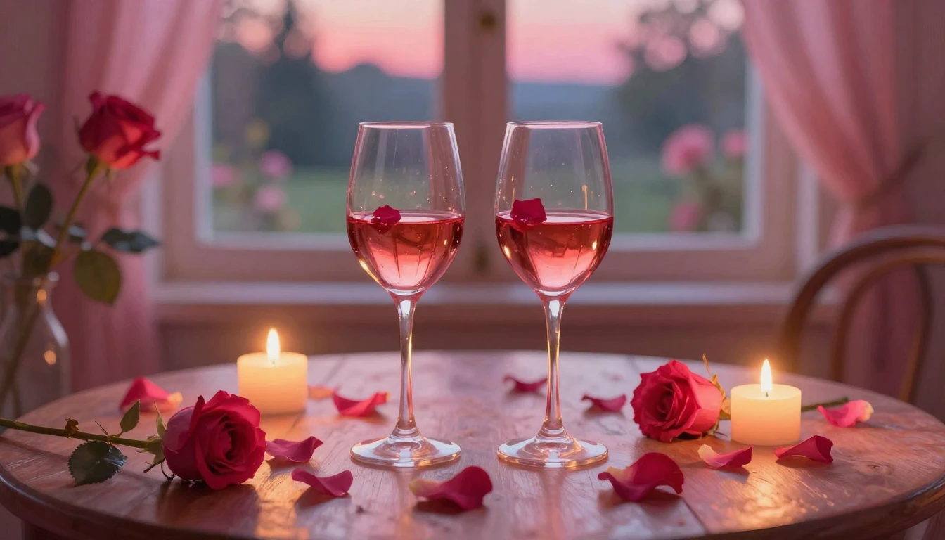 A dreamy and romantic scene featuring two elegant wine glass...