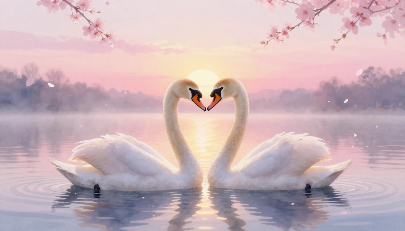 A dreamy and romantic watercolor painting of two elegant swa...