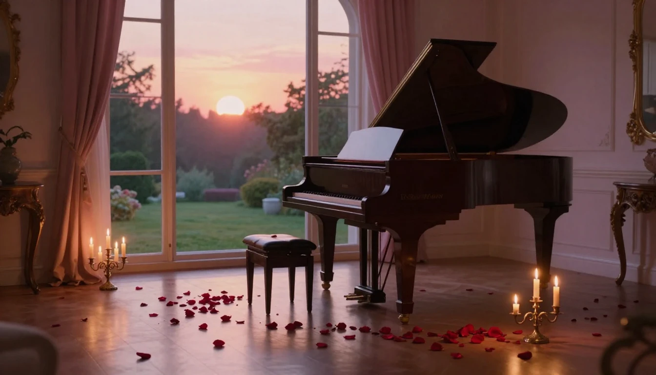 A breathtaking scene of a quiet, elegant room at dusk. A gra...