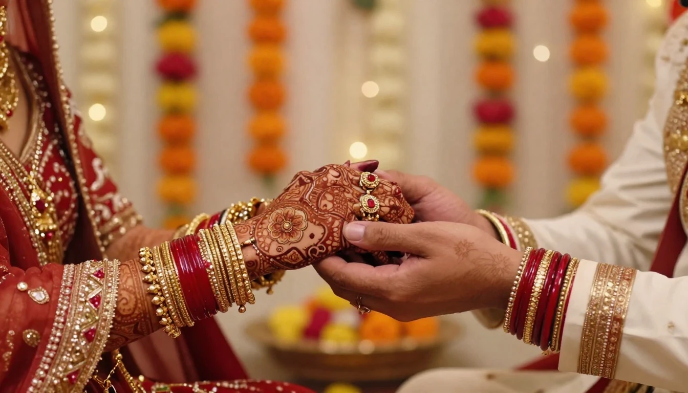 A close-up illustration of a traditional South Asian wedding...