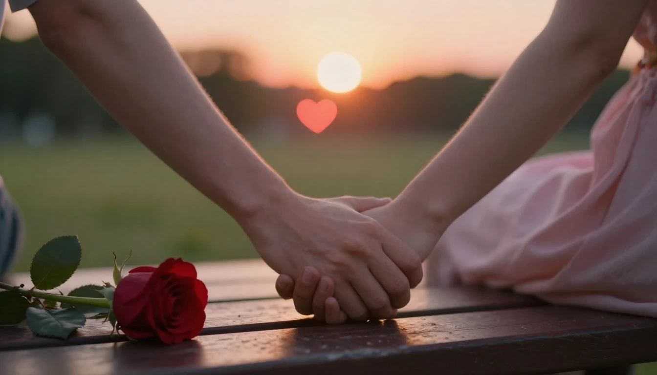 A romantic close-up scene of a couple holding hands on a par...