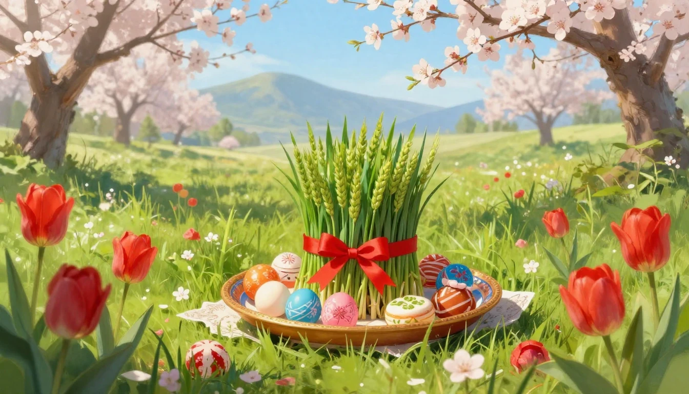 A lush spring landscape celebrating the equinox. Vibrant gre...