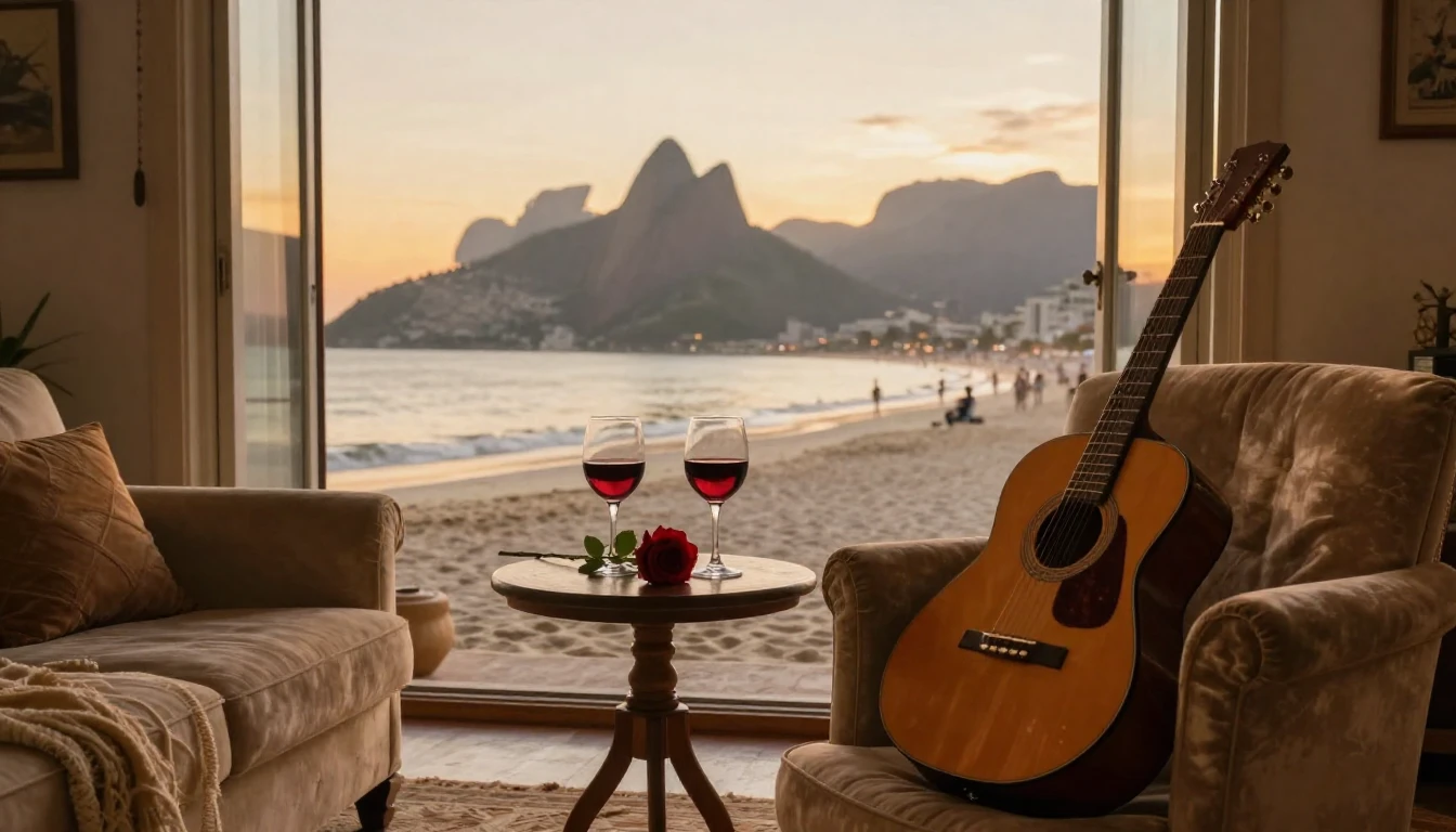 A romantic and intimate scene featuring a cozy living room w...