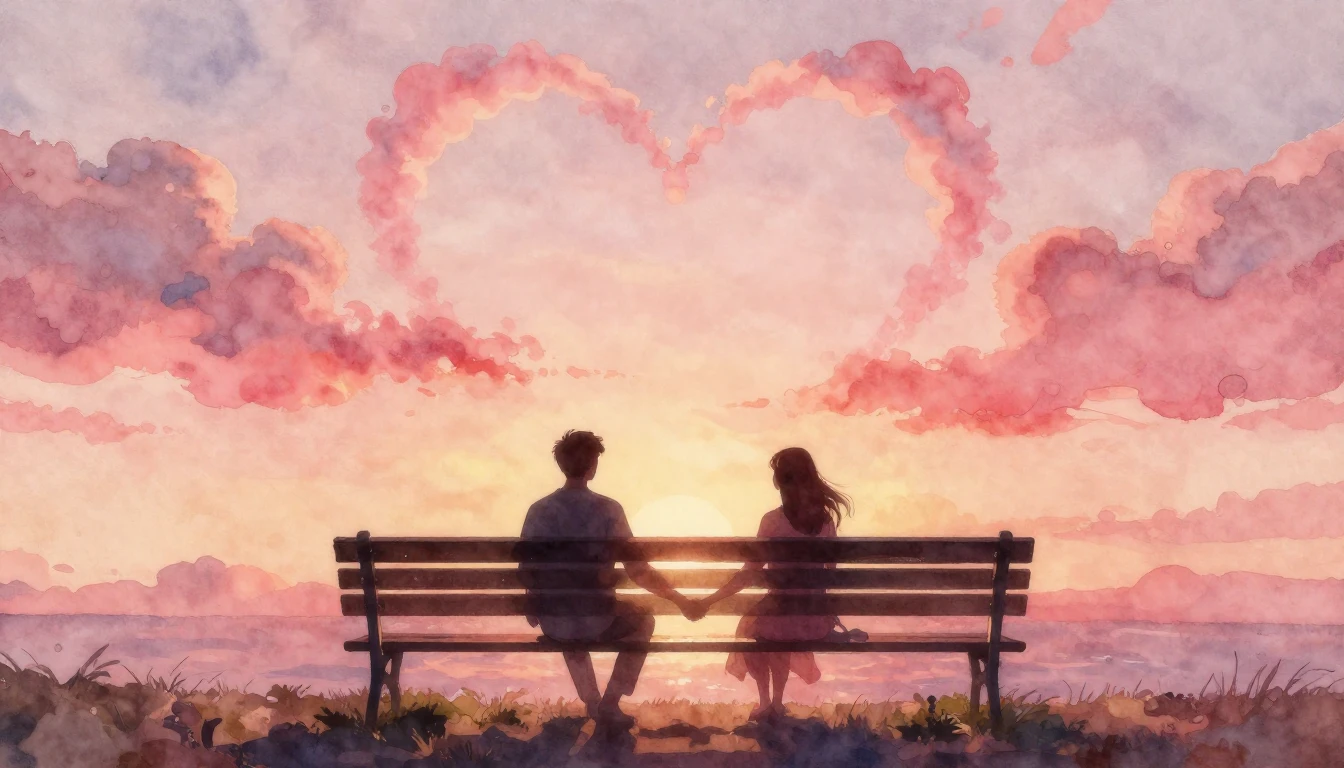 A romantic and dreamy watercolor painting featuring two silh...