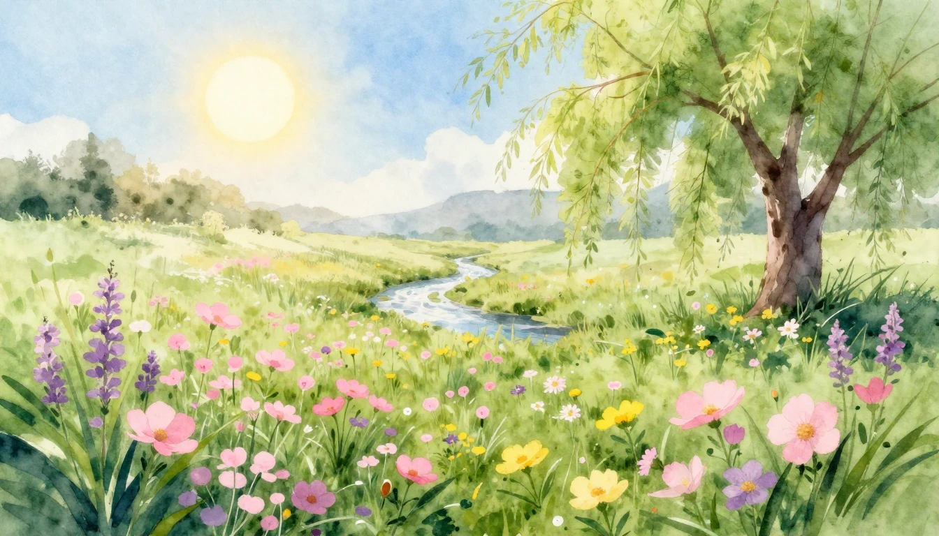A breathtaking watercolor painting of a lush spring meadow f...