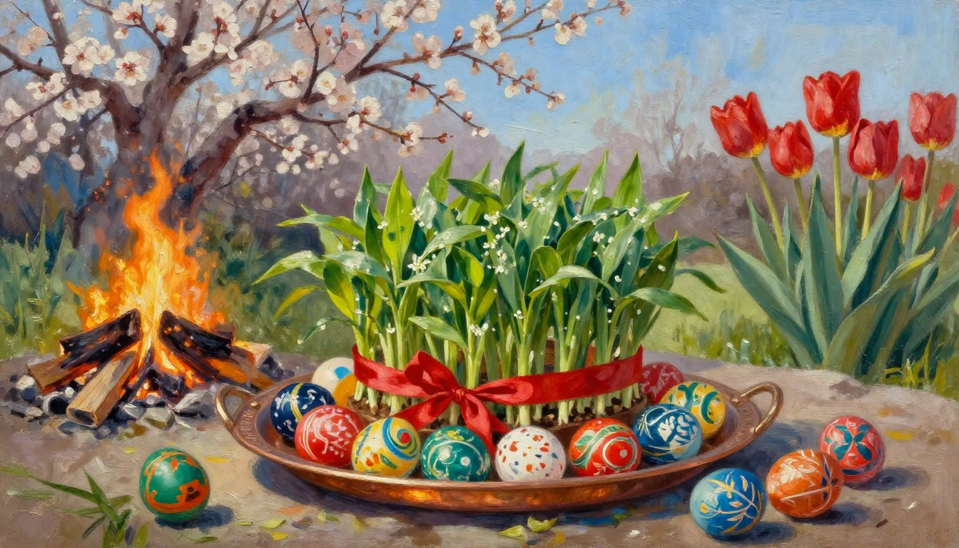 An evocative oil painting of a traditional spring celebratio...