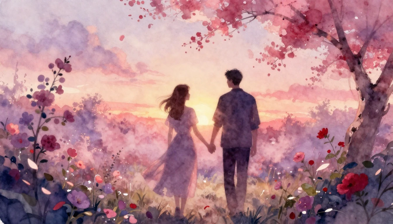 A beautiful watercolor painting of two silhouettes walking h...