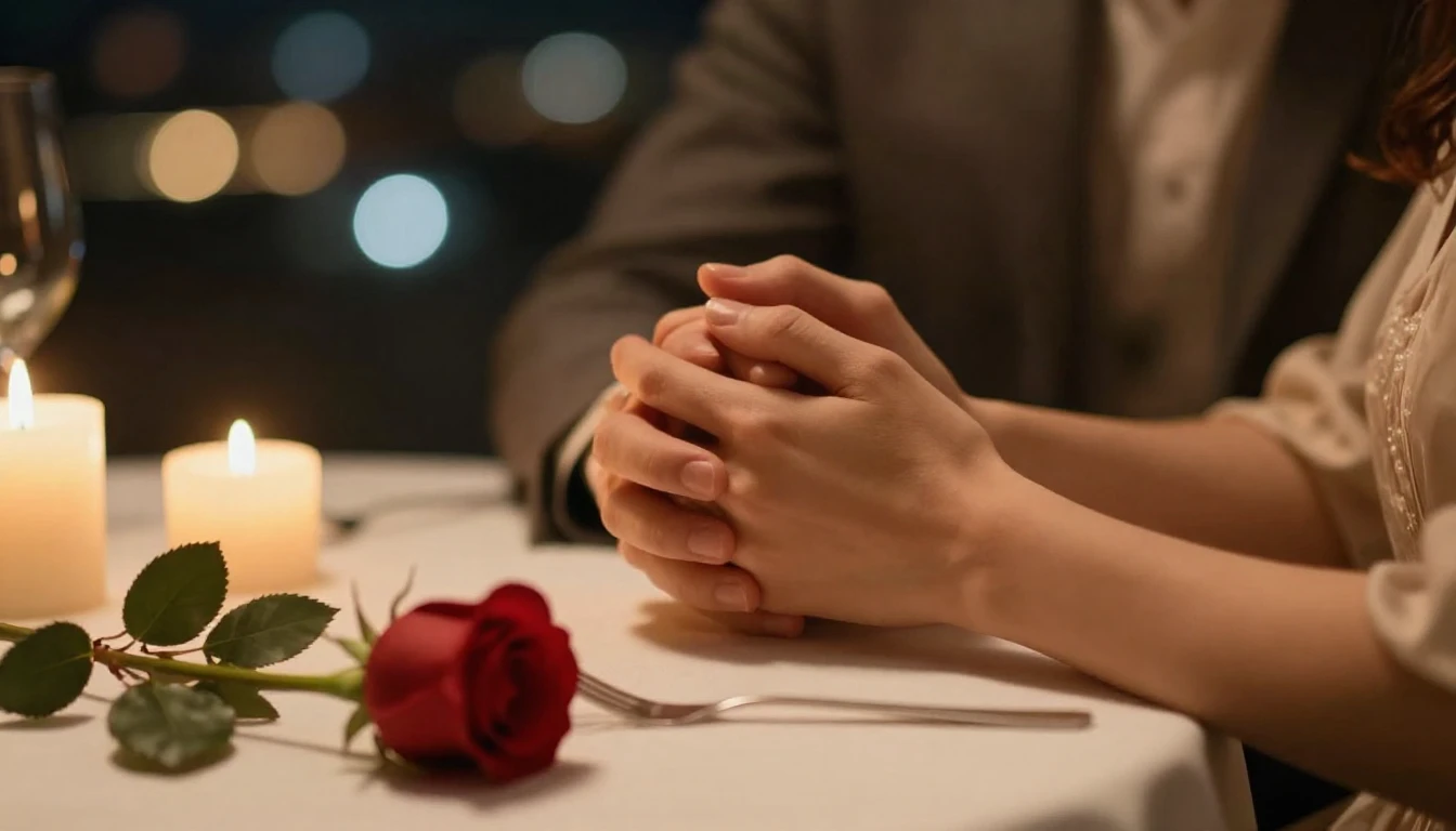 A cinematic, romantic close-up shot of a couple's hands gent...