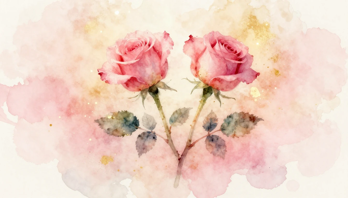 A delicate watercolor painting of two intertwined rose stems...