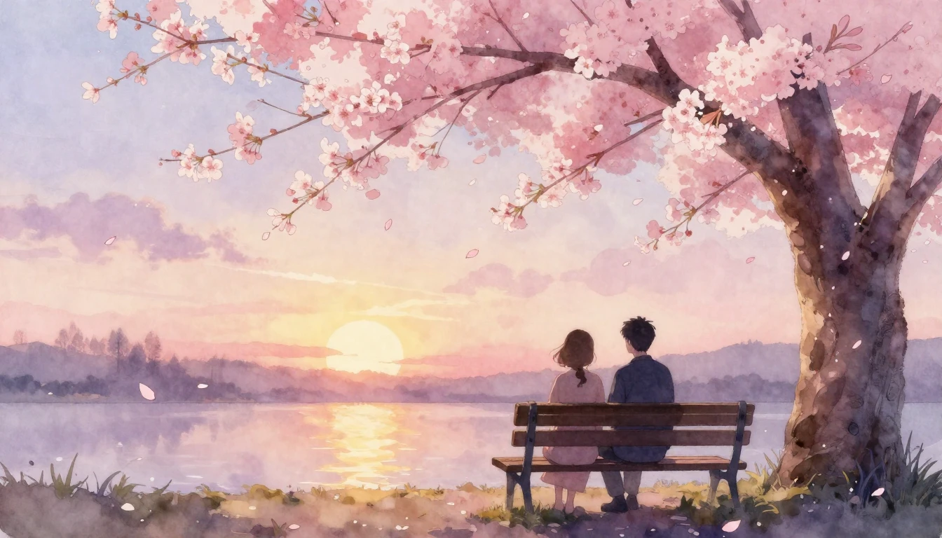 A dreamlike watercolor painting of two silhouettes sitting o...