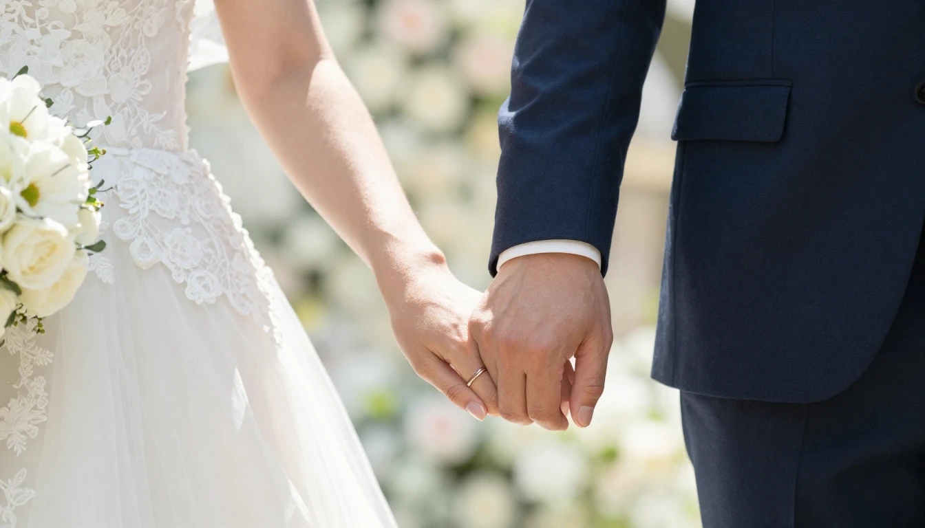 Close-up of a bride and groom holding hands, wedding rings v...
